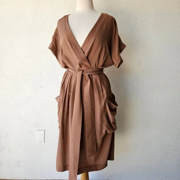 Maeve Anthropologie 100% Silk Warm Brown Faux Mock Wrap Dress Size 14 - Picture 1 of 11